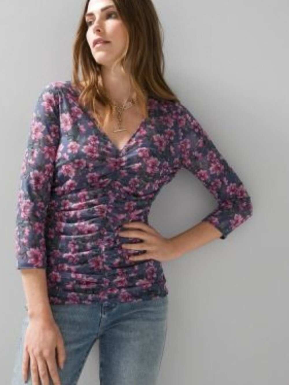 WHBM Reversible Mesh Top Large Blue Black Tropical Floral Ruched V Neck